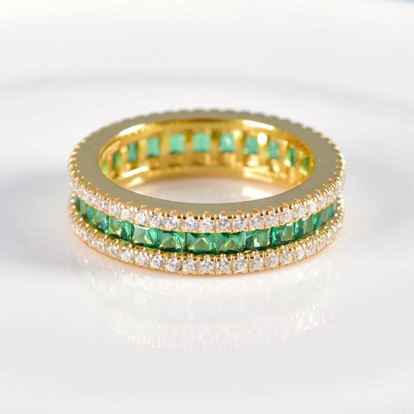 4Ct Princess Cut Green Emerald Gatsby Eternity Wedding Band 14K Yellow Gold Over