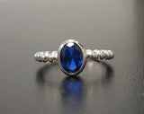 1ct Oval Cut Blue Sapphire Beaded Ball Shank Solitaire Ring 14k White Gold Over