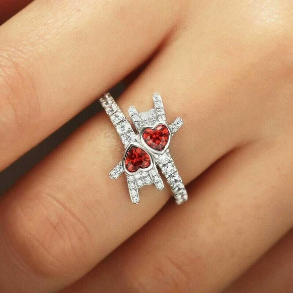 3Ct Heart Cut Red Garnet Diamond Stylish Stackable Ring 14K White Gold Finish