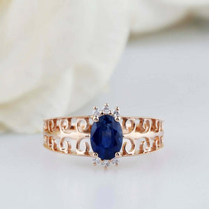 1.5ct Oval Cut Blue Sapphire Filigree Crown Open Shank Ring 14k Rose Gold Finish