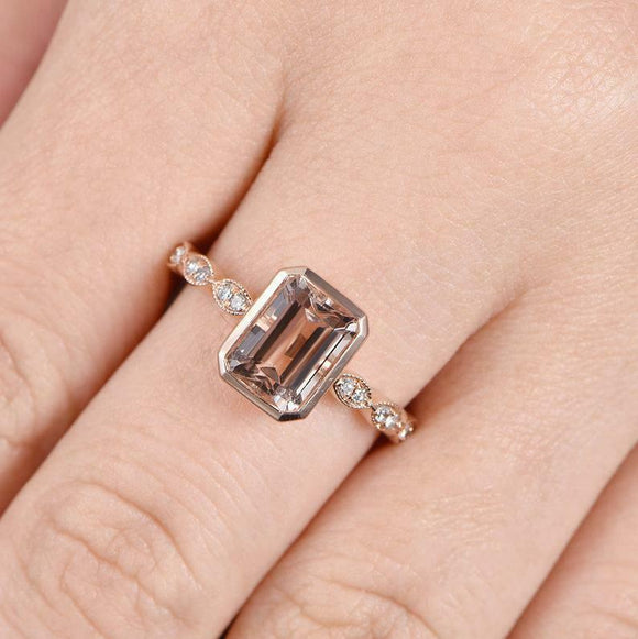 2ct Emerald Cut Peach Morganite Solitaire with Accents Ring 14k Rose Gold Finish