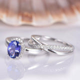 2ct Oval Cut Blue Tanzanite Halo Bridal Set Engagement Ring 14k WhiteGold Finish