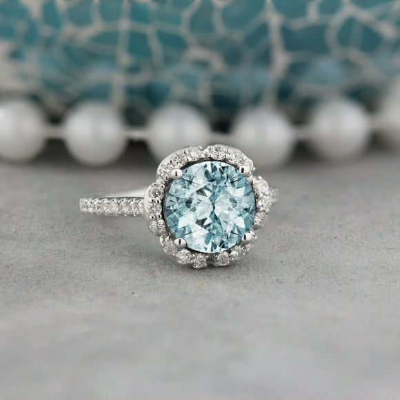 1.7Ct Cushion Cut Blue Aquamarine Floral Engagement Ring 14K White Gold Finish