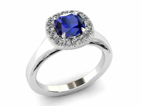 1.5ct Cushion Cut Blue Sapphire Diamond Halo Milgrain Ring 14k White Gold Finish