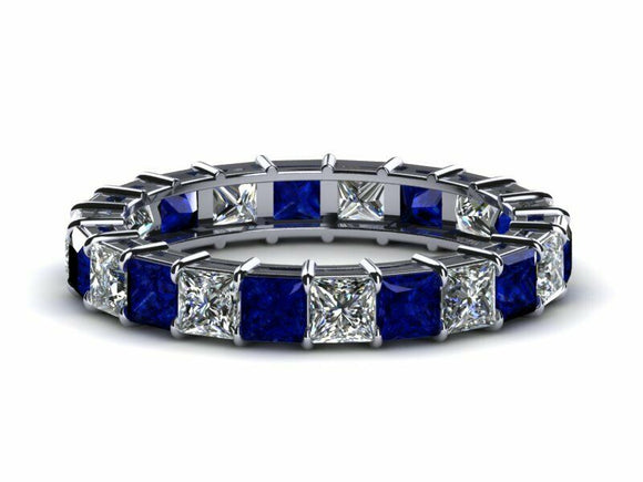 1.5ct Princess Cut Blue Sapphire Eternity Wedding Band Ring 14k WhiteGold Finish