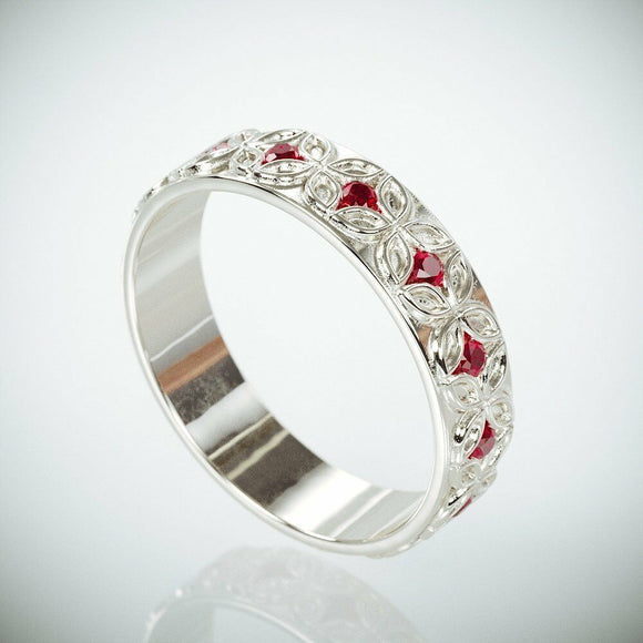 3Ct Round Cut Pink Ruby Vintage Floral Wedding Band Ring 14K White Gold Finish