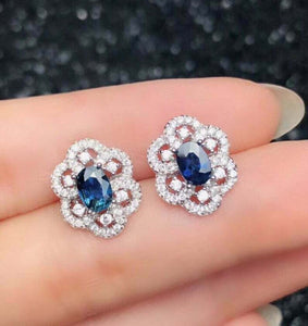 3ct Stud Earrings Oval Cut Blue Sapphire Flower Design 14k White Gold Finish