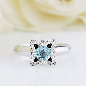 2.2ct Round Cut Blue Aquamarine Engagement Ring Floral 14k White Gold Finish