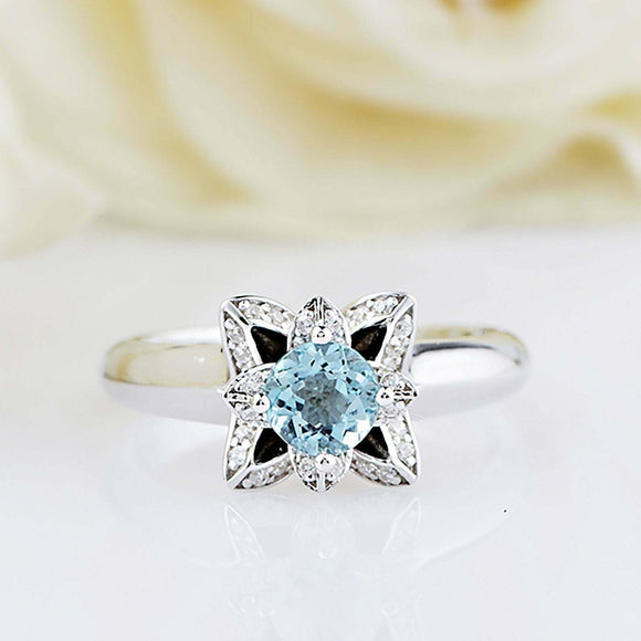 2.2ct Round Cut Blue Aquamarine Engagement Ring Floral 14k White Gold Finish