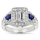 3Ct Emerald Cut Diamond Sapphire Accent Halo Engagement Ring 14K White Gold Over