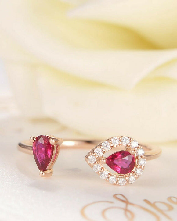 1ct Pear Cut Pink Ruby Diamond Halo Open Cuff Engagement Ring 14k Rose Gold Over