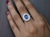 4ct Engagement Ring Oval Cut Blue Sapphire Diamond Dual Halo 14k White Gold Over