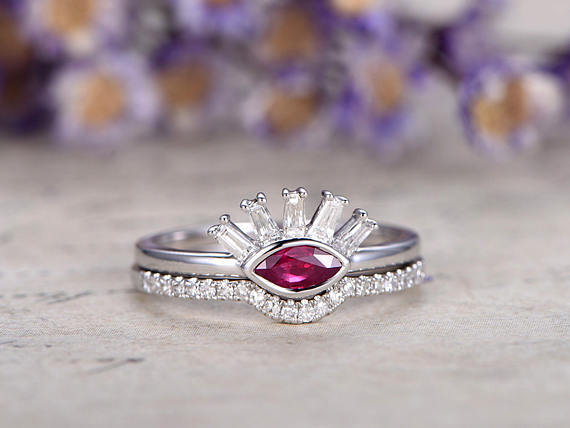 0.6ct Marquise Cut Pink Ruby Engagement Ring Bridal Set 14k White Gold Finish