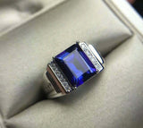 3ct Emerald Cut Blue Sapphire Signet Engagement Men Ring 14k White Gold Finish