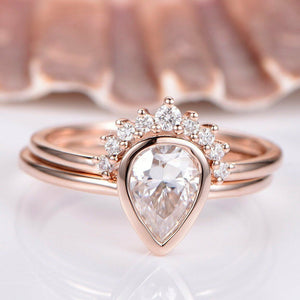 Bridal Set Promise Engagement Ring 1.7ct Pear Cut Diamond 14k Rose Gold Finish