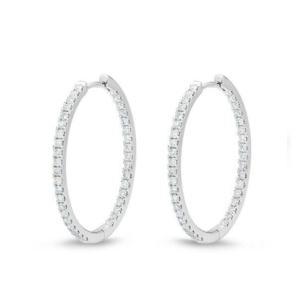 2ct Round Cut Diamond Thin Inside Out Party Hoop Earrings 14k White Gold Finish