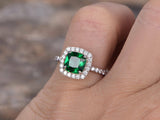 1ct Cushion Cut Green Emerald Solitaire Engagement Ring 14k White Gold Finish