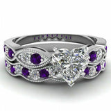 2.5Ct Heart Cut Diamond Amethyst Bridal Set Engagement Ring 14K White Gold Over