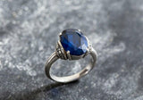 1ct Engagement Ring Oval Cut Blue Sapphire Vintage Solitaire 14k White Gold Over