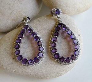 2.5ct Round Cut Purple Amethyst Diamond Halo Drop Earrings 14k White Gold Finish