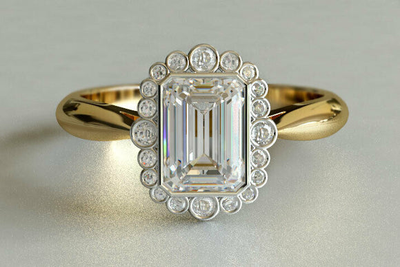 2.3ct Emerald Cut Diamond Engagement Ring Halo Solitaire 14k Yellow Gold Finish