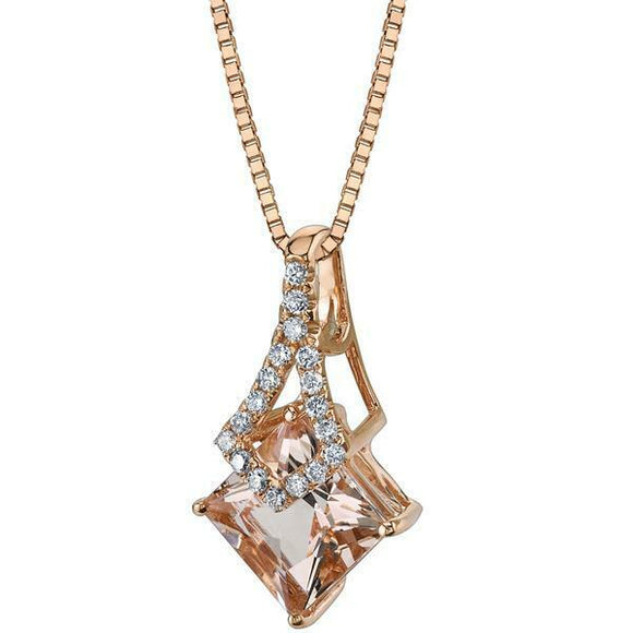 1Ct Princess Cut Peach Morganite Diamond Pendant 14K Rose Gold Finish NO CHAIN