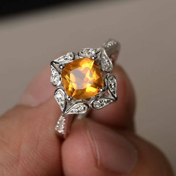 1.5ct Cushion Cut Yellow Citrine Engagement Ring 14k White Gold Finish Floral