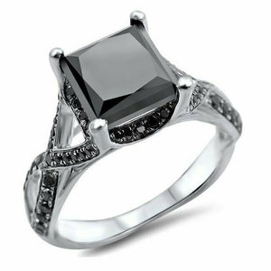 3Ct Princess Cut Black Diamond Split Shank Engagement Ring 14K White Gold Finish