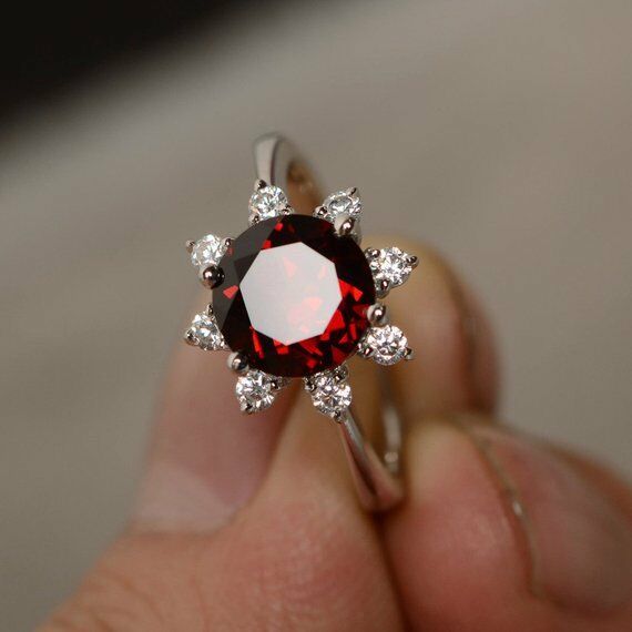 1.5ct Round Cut Red Garnet Floral Solitaire Engagement Ring 14k WhiteGold Finish