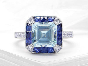 2ct Asscher Cut Blue Aquamarine Art Deco Engagement Ring 14k White Gold Finish