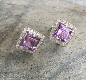 2ct Stud Earrings Asscher Cut Purple Amethyst Diamond Halo 14k White Gold Finish