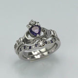 2ct Heart Purple Amethyst Engagement Ring Claddagh Bridal Set 14k WhiteGold Over