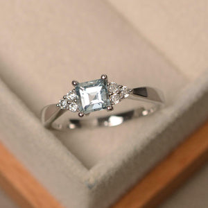 1ct Asscher Cut Aquamarine Diamond Petite Round Accent Ring 14k White Gold Over