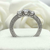 2ct Engagement Ring Round Diamond Milgrain Trilogy Vintage 14k White Gold Finish