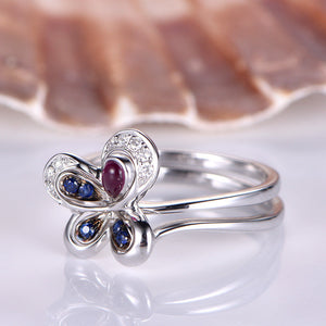 1ct Round Blue Sapphire Pink Ruby Floral Engagement Ring 14k White Gold Finish