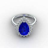 3ct Pear Cut Blue Sapphire Engagement Ring Diamond Halo 14k White Gold Finish