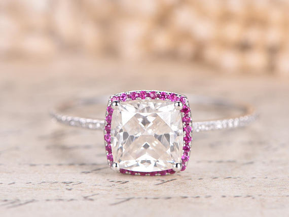 1ct Cushion Cut Diamond Engagement Ring Pink Sapphire Halo 14k White Gold Finish