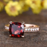 2ct Cushion Red Garnet Engagement Ring Solitaire with Accents 14k Rose Gold Over