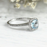 3Ct Cushion Cut Blue Aquamarine Diamond Halo Engagement Ring 18K White Gold Over