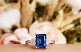 1.5ct Emerald Cut Blue Sapphire Engagement Ring 14k White Gold Finish Trilogy