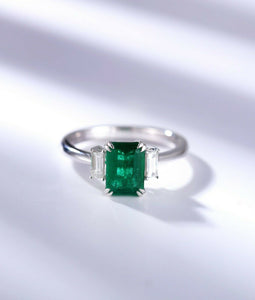 2ct Green Emerald Cut Engagement Ring Baguette Accent Trilogy 14k WhiteGold Over