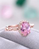 3Ct Oval Cut Pink Sapphire Diamond Halo Engagement Ring 14K Rose Gold Finish