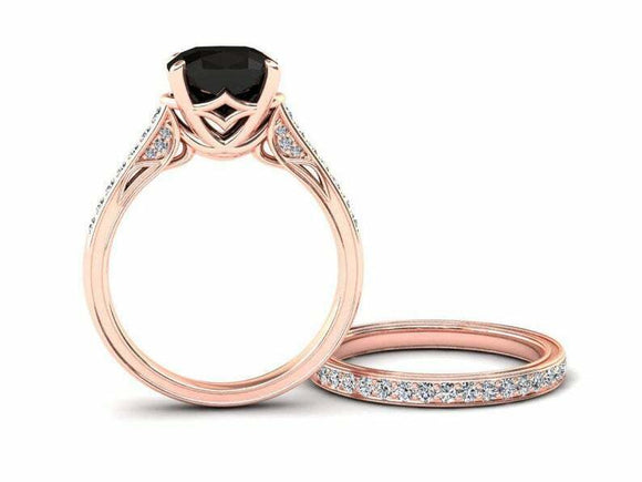 1.7ct Cushion Cut Black Diamond Engagement Ring Bridal Set 14k Rose Gold Finish