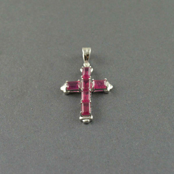 1.5ct Pink Ruby Pendant Emerald Cut Christ Cross 14k White Gold Finish NO CHAIN