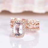 3ct Cushion Cut Peach Morganite Halo Trio Set Engagement Ring 14k Rose Gold Over