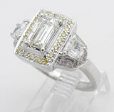 4ct Emerald Diamond Yellow Halo Trilogy Engagement Ring 14k White Gold Finish