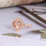 2ct Cushion Cut Peach Morganite Engagement Ring Halo Milgrain 14k Rose Gold Over