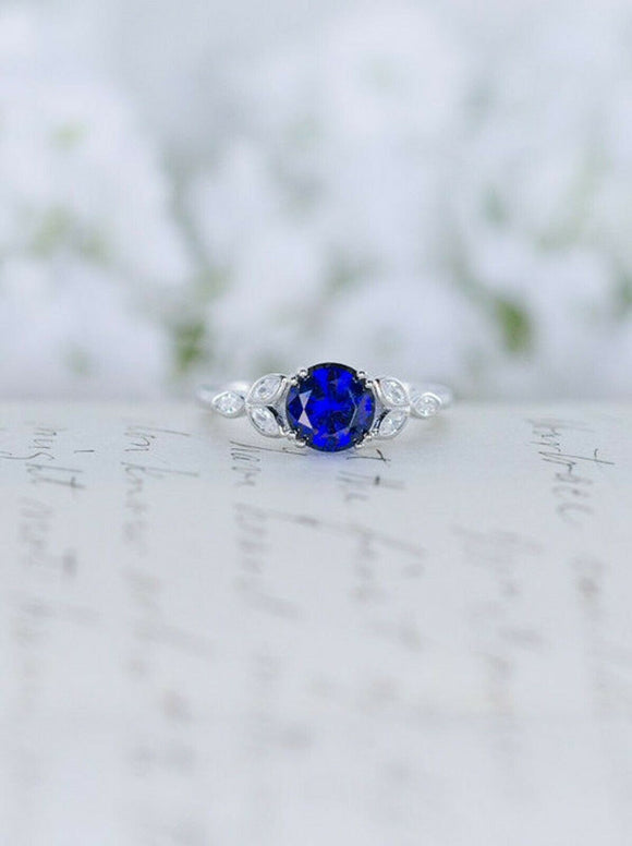 1ct Round Blue Sapphire Engagement Ring Leaf Marquise Accent 14k White Gold Over