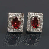 3ct Stud Earrings Oval Cut Red Garnet Diamond Square Halo 14k White Gold Finish