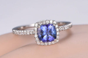 1ct Cushion Cut Blue Tanzanite Solitaire Engagement Ring 14k White Gold Finish